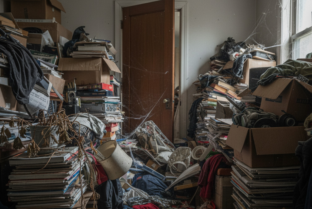 開かずの間　汚部屋　床がみえない状態
